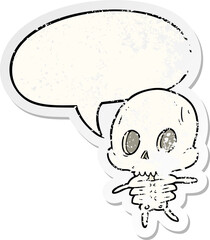 cute cartoon skeleton and speech bubble distressed sticker