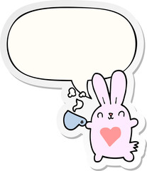 cute cartoon rabbit and love heart and coffee cup and speech bubble sticker