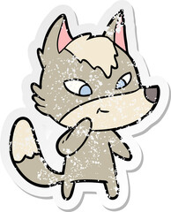 distressed sticker of a friendly cartoon wolf