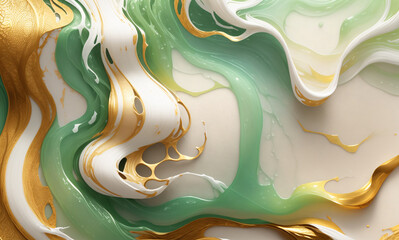 Abstract marble background in light green and white colors with gold streaks. Ai generative illustration