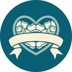 tattoo style icon of a heart and banner with flowers
