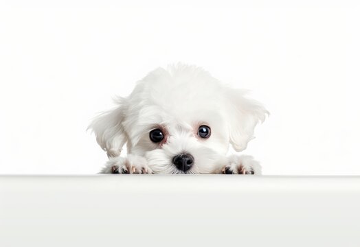 Adorable Bichon Frise Puppy Peeking Out from Behind White Table with Copy Space, Isolated on White Background. Generative AI.