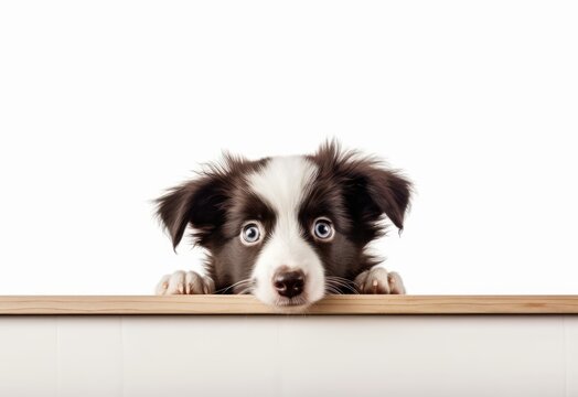 Adorable Border Collie Puppy Peeking Out from Behind White Table with Copy Space, Isolated on White Background. Generative AI.