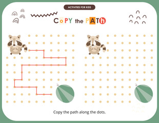 Cute Animals activities for kids. Copy the path for Raccoon. Logic games for children. Vector illustration.