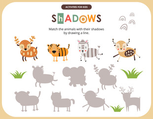 Cute Animals activities for kids. Find the correct shadow for deer, tiger, zebra. Vector illustration.