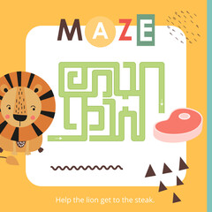 Cute Animals Maze game for children. Help the Lion  get to Steak. Vector illustration. Jungle labyrinth for kids activity book. Book Square Format