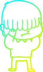 cold gradient line drawing cartoon boy with untidy hair