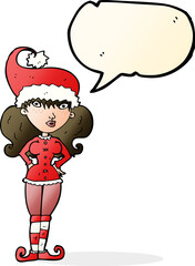 cartoon santa's helper woman with speech bubble