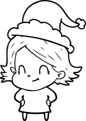 line drawing of a friendly girl wearing santa hat