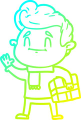 cold gradient line drawing happy cartoon man with gift