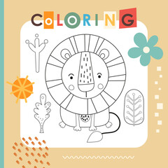 Cute animals coloring page printable for children. Preschool games. Cute Lion. Vector illustration. Book square format.