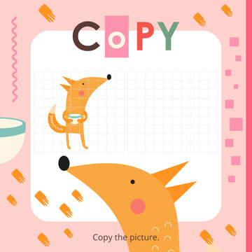 Cute Animals activities for kids. Copy the picture – Little Fox. Logic games for children. Coloring page. Vector illustration. Book square format.