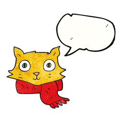 speech bubble textured cartoon cat wearing scarf