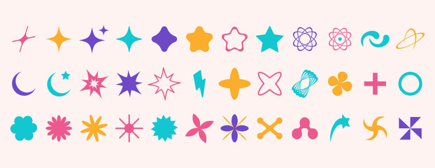 Set of brutalist abstract geometric shapes, bauhaus memphis geometric elements. Trendy minimalist basic figures, stars, lines, flowers, circles