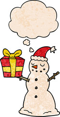 cartoon snowman with present and thought bubble in grunge texture pattern style