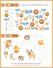 Cute Animals Activity Pages for Kids. Printable Activity Sheet with Safari and Woodland Animals Mini Games – Crossword, Counting game. Vector illustration.