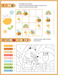 Cute Animals Activity Pages for Kids. Printable Activity Sheet with Woodland Animals Mini Games – Color by number, Sudoku. Vector illustration.