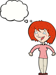 cartoon excited woman with thought bubble