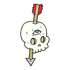 textured cartoon magic skull with arrow through brain