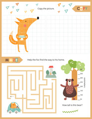 Cute Animals Activity Pages for Kids. Printable Activity Sheet with Woodland Animals Mini Games – Maze, Copy the picture. Vector illustration.
