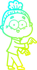 cold gradient line drawing cartoon happy old woman