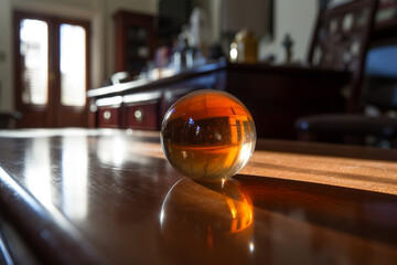 Glass ball on a wooden table generated with AI