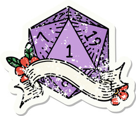 natural one d20 dice roll grunge sticker