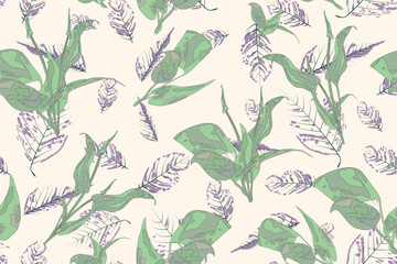 Beautiful gentle classic endless pattern design with leaves and plants on light background. Vector stock illustration.