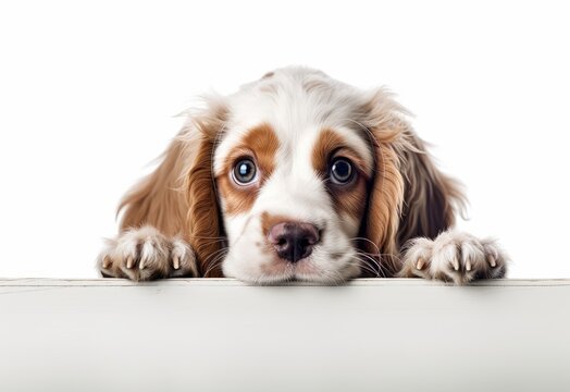 Adorable Clumber Spaniel Puppy Peeking Out from Behind White Table with Copy Space, Isolated on White Background. Generative AI.