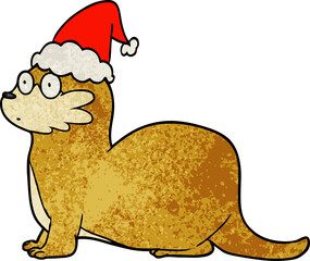 textured cartoon of a otter wearing santa hat