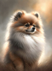 Obraz premium Pomeranian dog portrait, painting. A watercolor painting of a dog. Generative AI