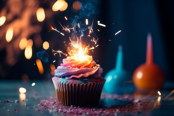 Naklejka na ściany i meble Delicious birthday cupcake with burning sparkler and space for text on soft neon background. 