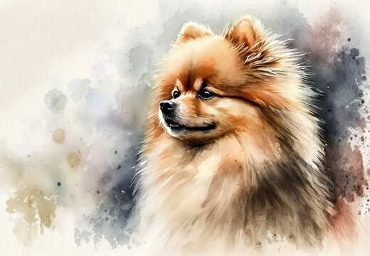 Pomeranian dog portrait, painting. A watercolor painting of a dog. Generative AI