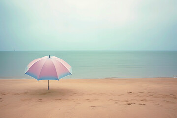 Fototapeta na wymiar Generative AI illustration Empty beach with umbrellas in fantasy tones