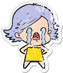 distressed sticker of a cartoon woman crying