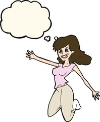 cartoon jumping woman with thought bubble