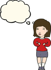 cartoon woman making excuses with thought bubble