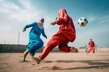 Generative AI illustration of young Arab girls dressed in djellaba and hijab playing soccer.