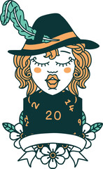 human bard character with natural 20 dice roll illustration