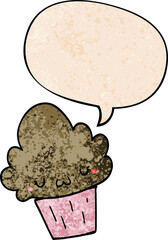 cartoon cupcake and face and speech bubble in retro texture style