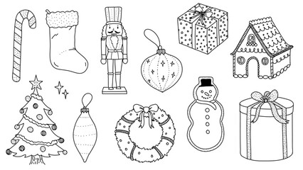 Christmas illustration set. Seasonal celebrations doodle style. Christmas party invite. Christmas cards 
