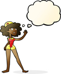 cartoon swimmer woman with thought bubble