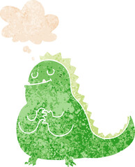 cartoon dinosaur and thought bubble in retro textured style