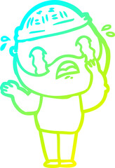 cold gradient line drawing cartoon bearded man crying