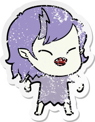 distressed sticker of a cartoon laughing vampire girl