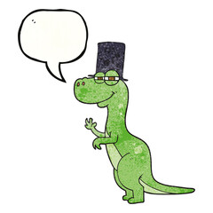 speech bubble textured cartoon dinosaur wearing top hat