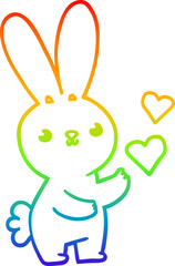 rainbow gradient line drawing cute cartoon rabbit with love hearts