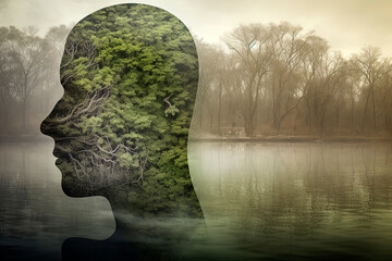 Generative AI illustration of Human head full of plants and trees to save the planet, environment thoughts