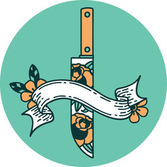 icon with banner of a dagger and flowers