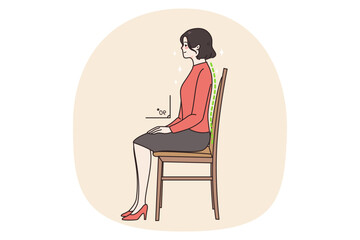 Young woman sit on chair in correct position think of back. Female employee right sedentary pose at work. Healthcare and incorrect posture concept. Healthy lifestyle. Vector illustration.